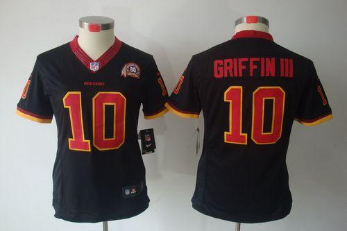 Redskins #10 Robert Griffin III Black With 80TH Patch Women's Stitched NFL Limited Jersey