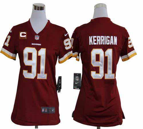 Redskins #91 Ryan Kerrigan Burgundy Red Team Color With C Patch Women's Stitched NFL Elite Jersey