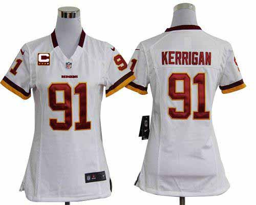 Redskins #91 Ryan Kerrigan White With C Patch Women's Stitched NFL Elite Jersey