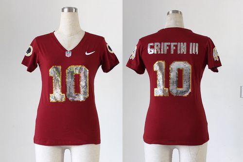 Redskins #10 Robert Griffin III Burgundy Red Team Color Handwork Sequin Lettering Women's Stitched NFL Elite Jersey