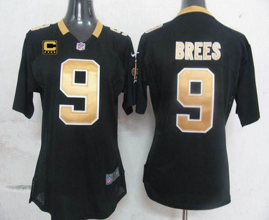 Saints #9 Drew Brees Black Team Color With C Patch Women's Stitched NFL Elite Jersey
