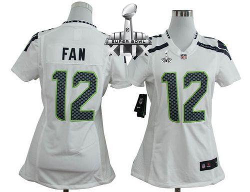 Seahawks #12 Fan White Super Bowl XLIX Women's Stitched NFL Elite Jersey