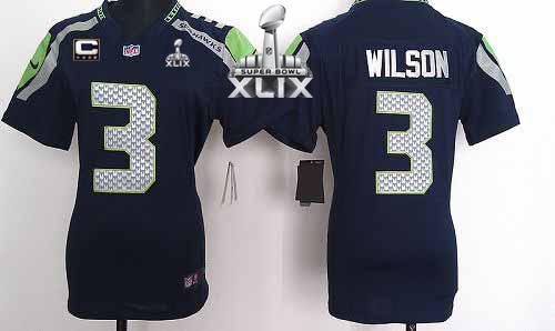 Seahawks #3 Russell Wilson Steel Blue Team Color With C Patch Super Bowl XLIX Women's Stitched NFL Elite Jersey
