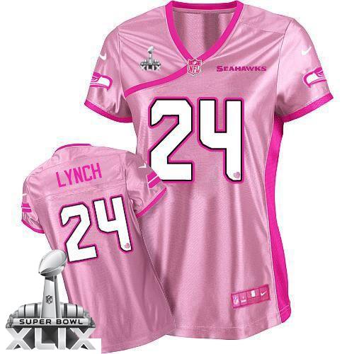 Seahawks #24 Marshawn Lynch Pink Super Bowl XLIX Women's Be Luv'd Stitched NFL Elite Jersey