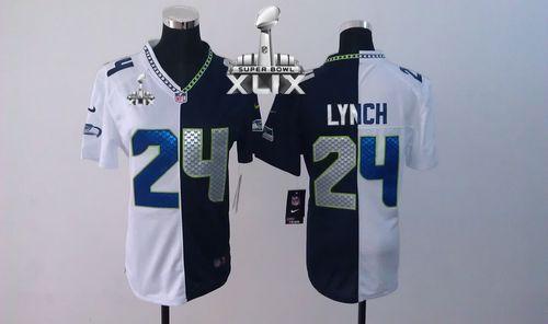Seahawks #24 Marshawn Lynch Steel Blue/White Super Bowl XLIX Women's Stitched NFL Elite Split Jersey