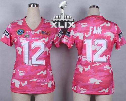 Seahawks #12 Fan Pink Super Bowl XLIX Women's Stitched NFL Elite Camo Fashion Jersey
