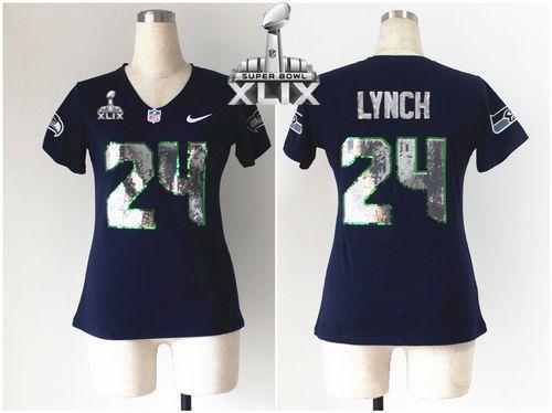 Seahawks #24 Marshawn Lynch Steel Blue Team Color Super Bowl XLIX Women's Stitched NFL Elite Handwork Sequin Lettering Jersey