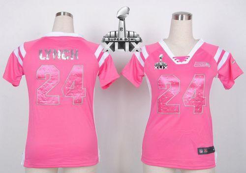 Seahawks #24 Marshawn Lynch Pink Super Bowl XLIX Women's Stitched NFL Elite Draft Him Shimmer Jersey