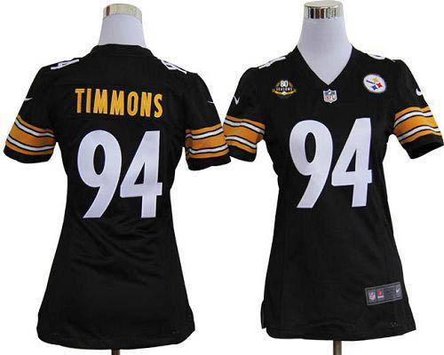 Steelers #94 Lawrence Timmons Black Team Color With 80TH Patch Women's Stitched NFL Elite Jersey