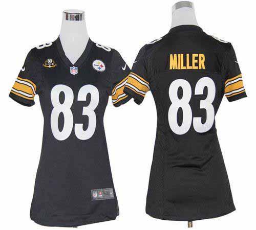 Steelers #83 Heath Miller Black Team Color With 80TH Patch Women's Stitched NFL Elite Jersey