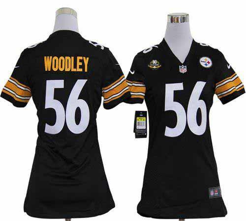 Steelers #56 LaMarr Woodley Black Team Color With 80TH Patch Women's Stitched NFL Elite Jersey