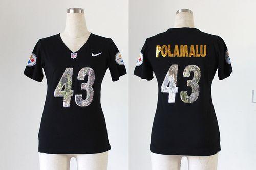 Steelers #43 Troy Polamalu Black Team Color Handwork Sequin Lettering Women's Stitched NFL Elite Jersey