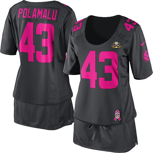 Steelers #43 Troy Polamalu Dark Grey With 80TH Patch Women's Breast Cancer Awareness Stitched NFL Elite Jersey