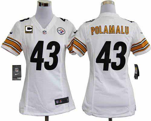 Steelers #43 Troy Polamalu White With C Patch Women's Stitched NFL Elite Jersey