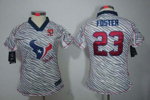 Texans #23 Arian Foster Zebra With 10TH Patch Women's Stitched NFL Elite Jersey