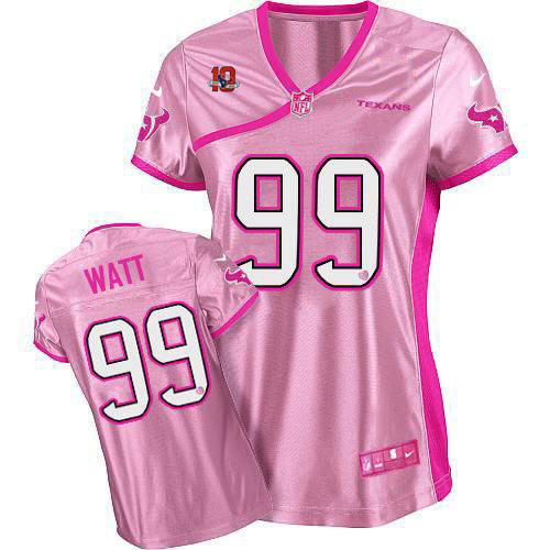 Texans #99 J.J. Watt Pink With 10TH Patch Women's Be Luv'd Stitched NFL Elite Jersey