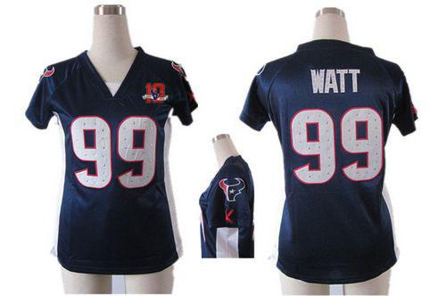 Texans #99 J.J. Watt Navy Blue Team Color Draft Him Name & Number Top With 10TH Patch Women's Stitched NFL Elite Jersey