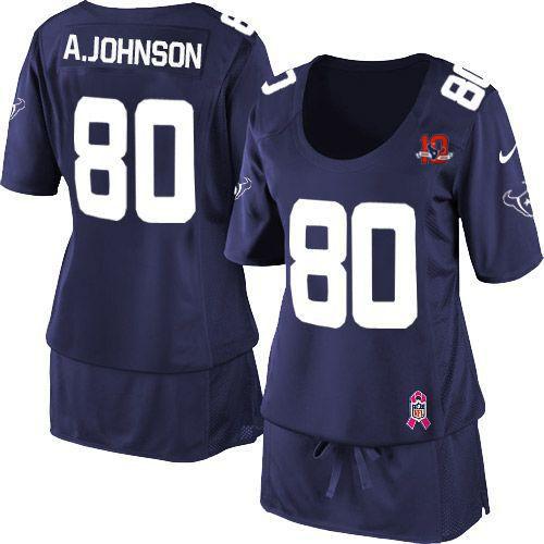 Texans #80 Andre Johnson Navy Blue Team Color With 10TH Patch Women's Breast Cancer Awareness Stitched NFL Elite Jersey