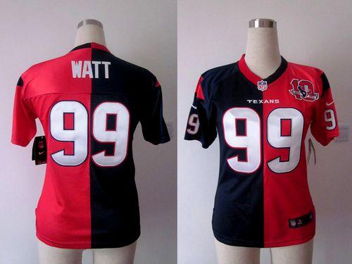 Texans #99 J.J. Watt Navy Blue/Red With 10TH Patch Women's Stitched NFL Elite Split Jersey