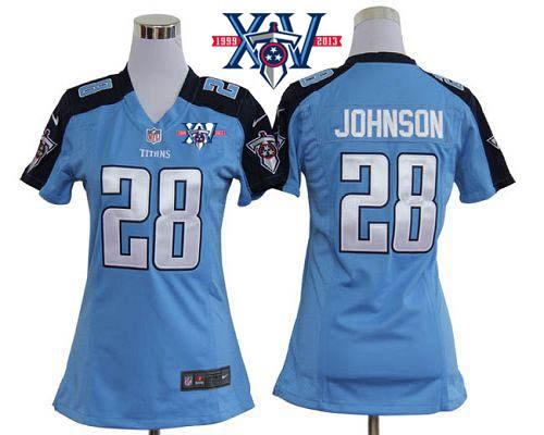 Titans #28 Chris Johnson Light Blue Team Color With 15th Season Patch Women's Stitched NFL Elite Jersey