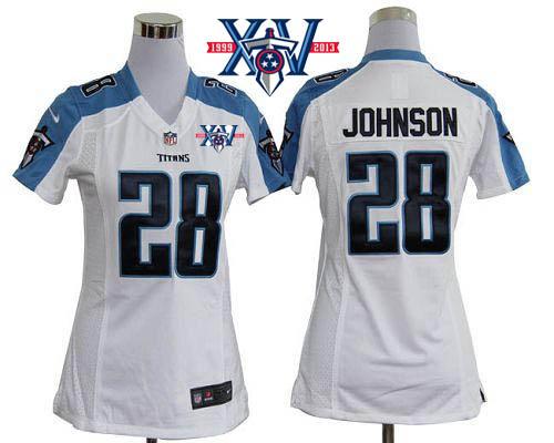 Titans #28 Chris Johnson White With 15th Season Patch Women's Stitched NFL Elite Jersey