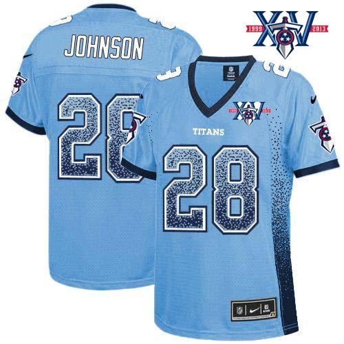 Titans #28 Chris Johnson Light Blue Team Color With 15th Season Patch Women's Stitched NFL Elite Drift Fashion Jersey