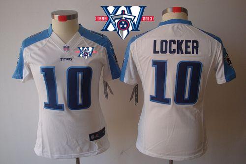 Titans #10 Jake Locker White With 15th Season Patch Women's Stitched NFL Limited Jersey