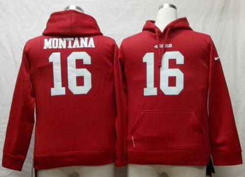49ers #16 Joe Montana Red Youth Pullover NFL Hoodie