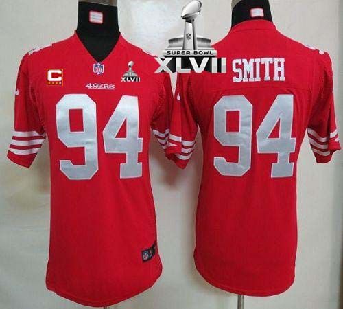 49ers #94 Justin Smith Red Team Color With C Patch Super Bowl XLVII Youth Stitched NFL Elite Jersey