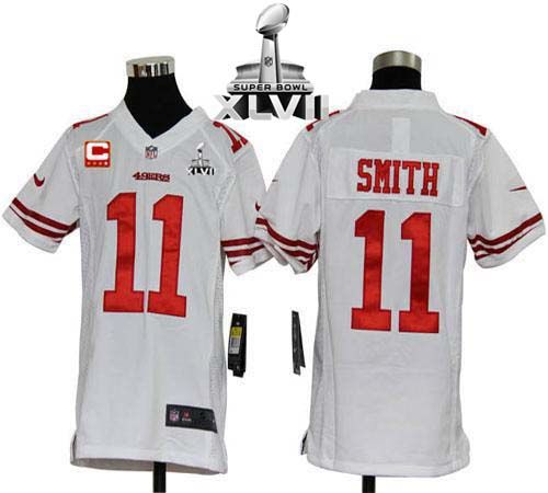 49ers #11 Alex Smith White With C Patch Super Bowl XLVII Youth Stitched NFL Elite Jersey