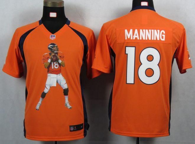 Broncos #18 Peyton Manning Orange Team Color Youth Portrait Fashion NFL Game Jersey