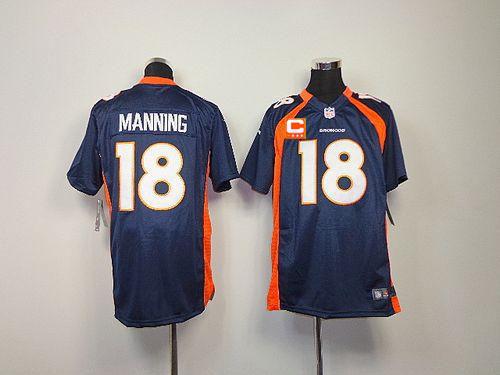 Broncos #18 Peyton Manning Blue Alternate With C Patch Youth Stitched NFL Elite Jersey