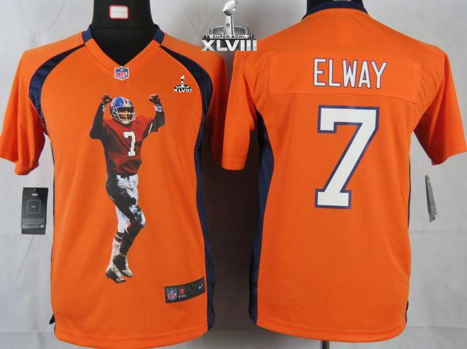 Broncos #7 John Elway Orange Team Color Super Bowl XLVIII Youth Portrait Fashion NFL Game Jersey