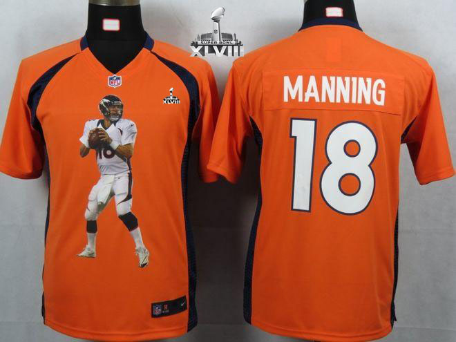 Broncos #18 Peyton Manning Orange Team Color Super Bowl XLVIII Youth Portrait Fashion NFL Game Jersey