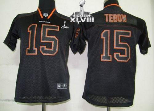 Broncos #15 Tim Tebow Lights Out Black Super Bowl XLVIII Youth Stitched NFL Elite Jersey