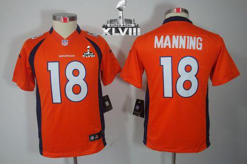Broncos #18 Peyton Manning Orange Team Color Super Bowl XLVIII Youth Stitched NFL Limited Jersey