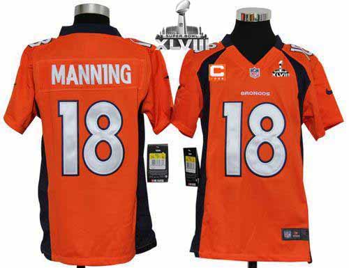Broncos #18 Peyton Manning Orange Team Color With C Patch Super Bowl XLVIII Youth Stitched NFL Elite Jersey