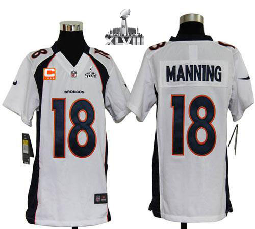 Broncos #18 Peyton Manning White With C Patch Super Bowl XLVIII Youth Stitched NFL Elite Jersey