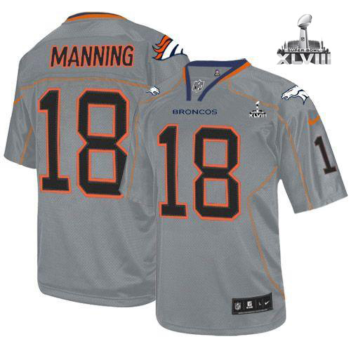 Broncos #18 Peyton Manning Lights Out Grey Super Bowl XLVIII Youth Stitched NFL Elite Jersey