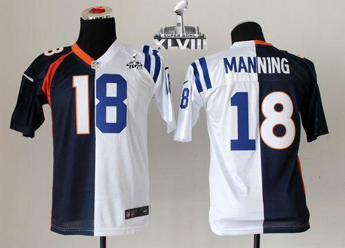 Broncos #18 Peyton Manning Blue/White Super Bowl XLVIII Youth Stitched NFL Elite Split Colts Jersey