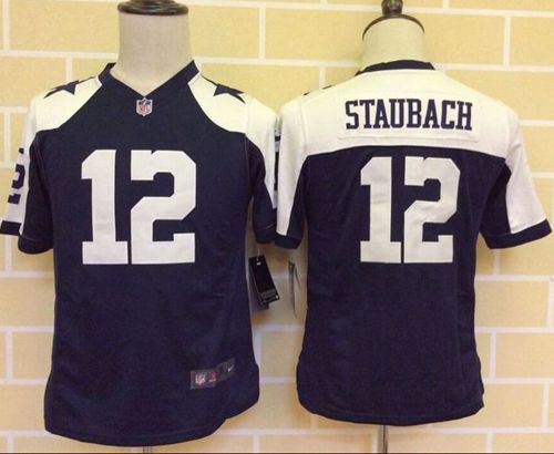 Cowboys #12 Roger Staubach Navy Blue Thanksgiving Youth Throwback Stitched NFL Elite Jersey