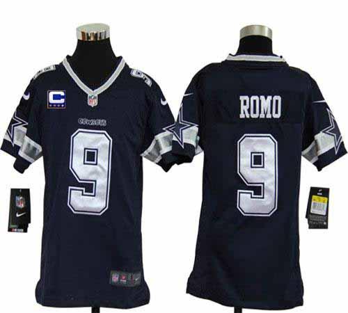 Cowboys #9 Tony Romo Navy Blue Team Color With C Patch Youth Stitched NFL Elite Jersey