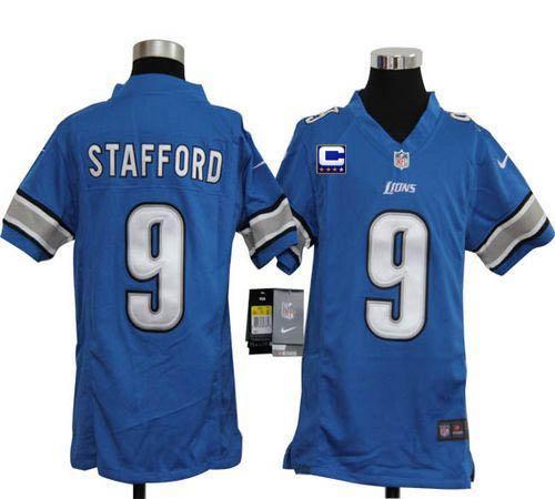Lions #9 Matthew Stafford Light Blue Team Color With C Patch Youth Stitched NFL Elite Jersey