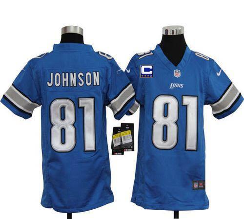 Lions #81 Calvin Johnson Light Blue Team Color With C Patch Youth Stitched NFL Elite Jersey