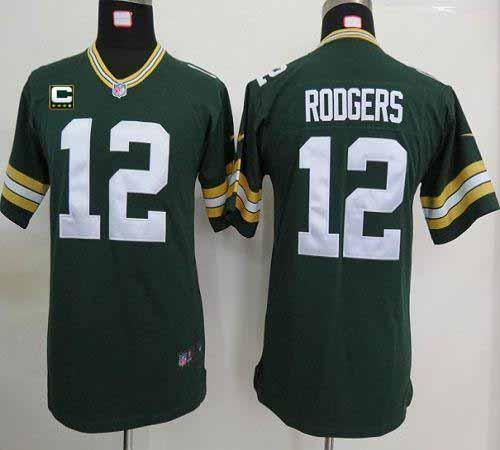 Packers #12 Aaron Rodgers Green Team Color With C Patch Youth Stitched NFL Elite Jersey