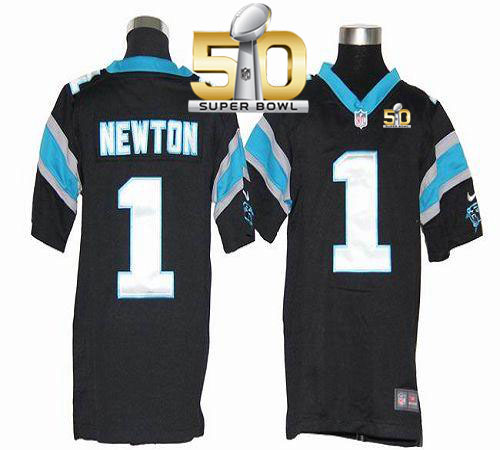 Panthers #1 Cam Newton Black Team Color Super Bowl 50 Youth Stitched NFL Elite Jersey