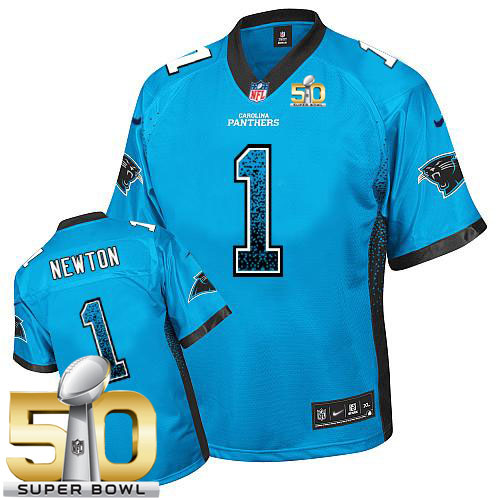 Panthers #1 Cam Newton Blue Alternate Super Bowl 50 Youth Stitched NFL Elite Drift Fashion Jersey
