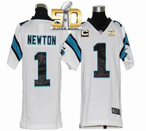 Panthers #1 Cam Newton White With C Patch Super Bowl 50 Youth Stitched NFL Elite Jersey