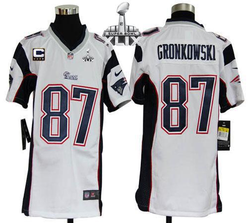 Patriots #87 Rob Gronkowski White With C Patch Super Bowl XLIX Youth Stitched NFL Elite Jersey