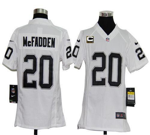 Raiders #20 Darren McFadden White With C Patch Youth Stitched NFL Elite Jersey
